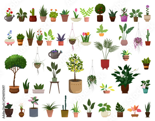 Potted house plants, trees and flowers set. Different plant collection in pot for home, office interior. Cartoon flat vector illustrations isolated on transparent background. Lemon, monstera, cacti