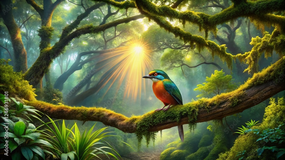 Fototapeta premium Panoramic Lush Oak Forest Habitat with Colorful Bird