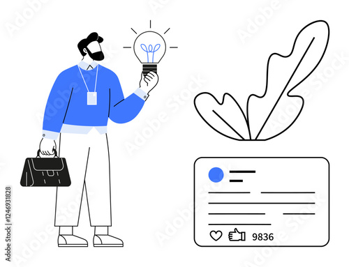 Businessman with a briefcase and light bulb in hand, displaying a concept of idea realization and creativity. Social media card with thumbs ups and account details. Ideal for innovation, business