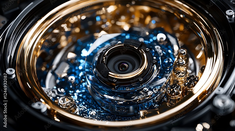 Abstract gold, blue mechanism; lens focus; swirling fluid background; tech concept Abstract gold, blue mechanism; lens focus; swirling fluid background; tech concept