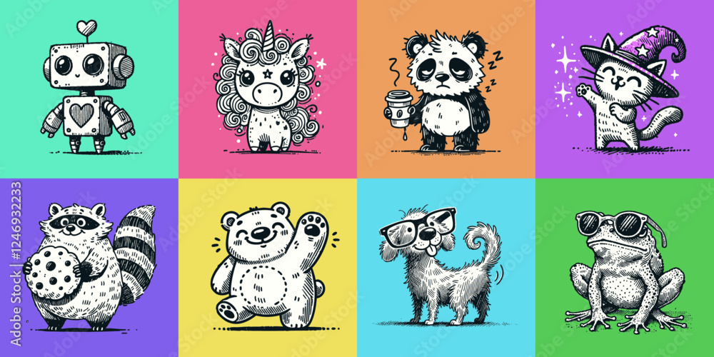 Fototapeta premium Set of Cute Cartoon Illustrations Featuring Robot, Unicorn, Panda, Cat, Raccoon, Bear, Dog, and Frog on Bright Colorful Backgrounds