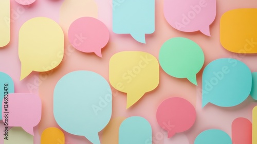 colorful empty paper cut speech bubbles on pastel background. Communication, information, gossip, creative ideas and thoughts template