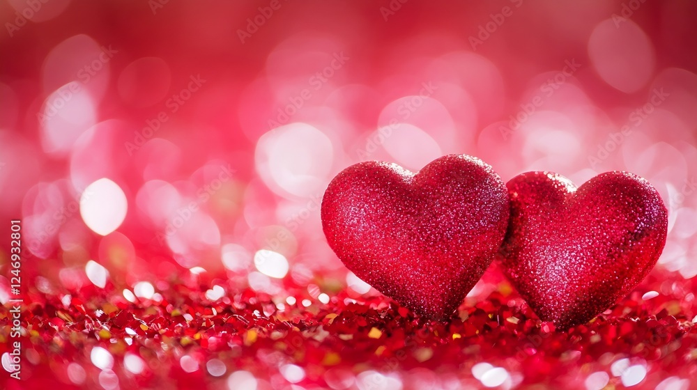 Romantic Glittery Red Heart Decorations on Ashimmering Bokeh Background : Generative AI Romantic Glittery Red Heart Decorations on Ashimmering Bokeh Background : Generative AI