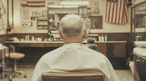 Senior man getting haircut, barbershop, vintage decor, waiting
