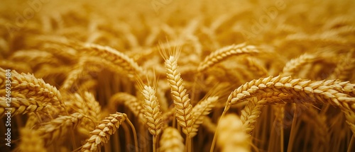 Golden wheat field close up showing mature grain ready for harvest in warm light