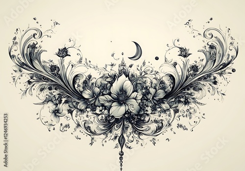Intricate black floral design with vines, flowers, and crescent moon on beige background

