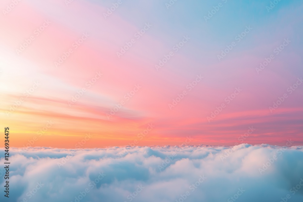 Obraz premium The sky is a stunning blend of pink and blue hues, with fluffy white clouds scattered throughout. The colors are vibrant and create a serene and peaceful atmosphere