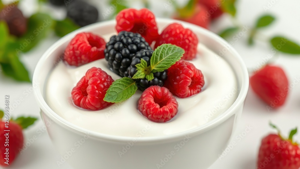 Healthy Yogurt Bowl with Fresh Berries and Mint Leaves Healthy Yogurt Bowl with Fresh Berries and Mint Leaves