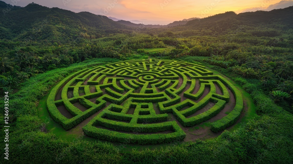 A stunning aerial view of a large, circular green maze surrounded by lush mountains, reflecting nature's beauty during sunset. A stunning aerial view of a large, circular green maze surrounded by lush mountains, reflecting nature's beauty during sunset.