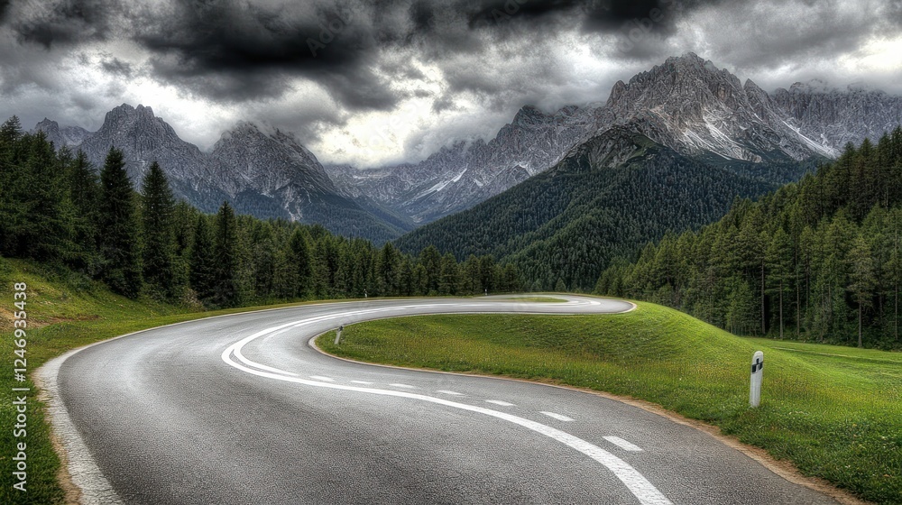 Fototapeta premium Scenic Mountain Road Winding Through Lush Green Valley Under Dramatic Sky