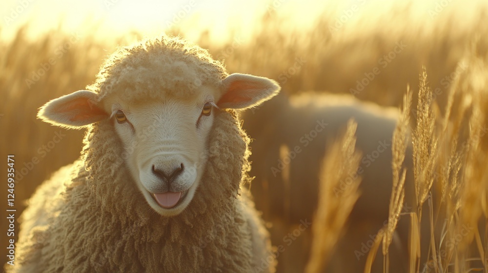 Obraz premium Golden Hour Lamb: A Serene Portrait in the Meadow