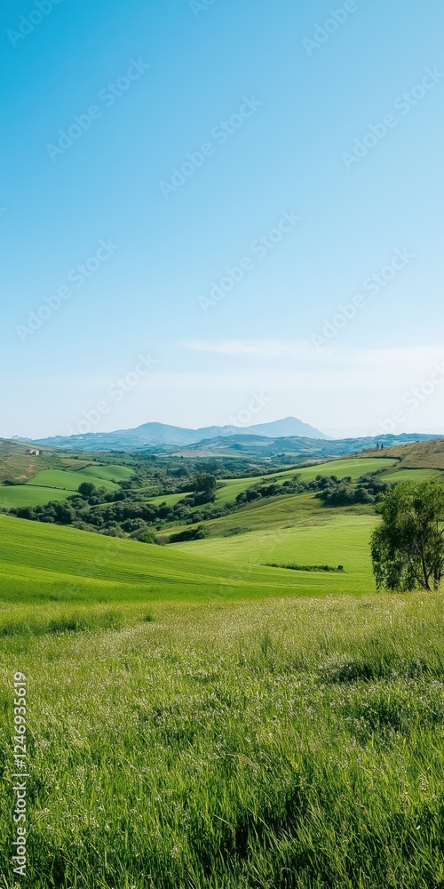 A beautiful, lush green field with a clear blue sky above. The field is full of grass and trees, and the mountains in the background add to the serene atmosphere A beautiful, lush green field with a clear blue sky above. The field is full of grass and trees, and the mountains in the background add to the serene atmosphere