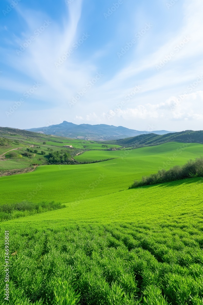 A lush green field with a clear blue sky above. The sky is dotted with clouds, giving the scene a peaceful and serene atmosphere