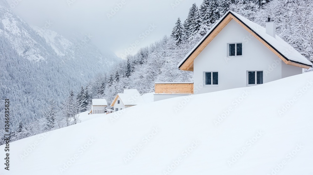 Snowy mountain houses, winter landscape, idyllic scene, postcard Snowy mountain houses, winter landscape, idyllic scene, postcard