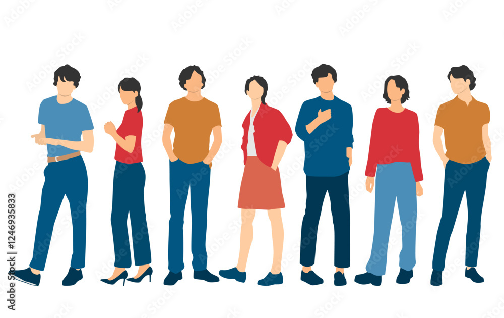 Obraz premium Set of young men and women , different colors, cartoon character, group of silhouettes of standing business people, students, design concept of flat icon, isolated on white background