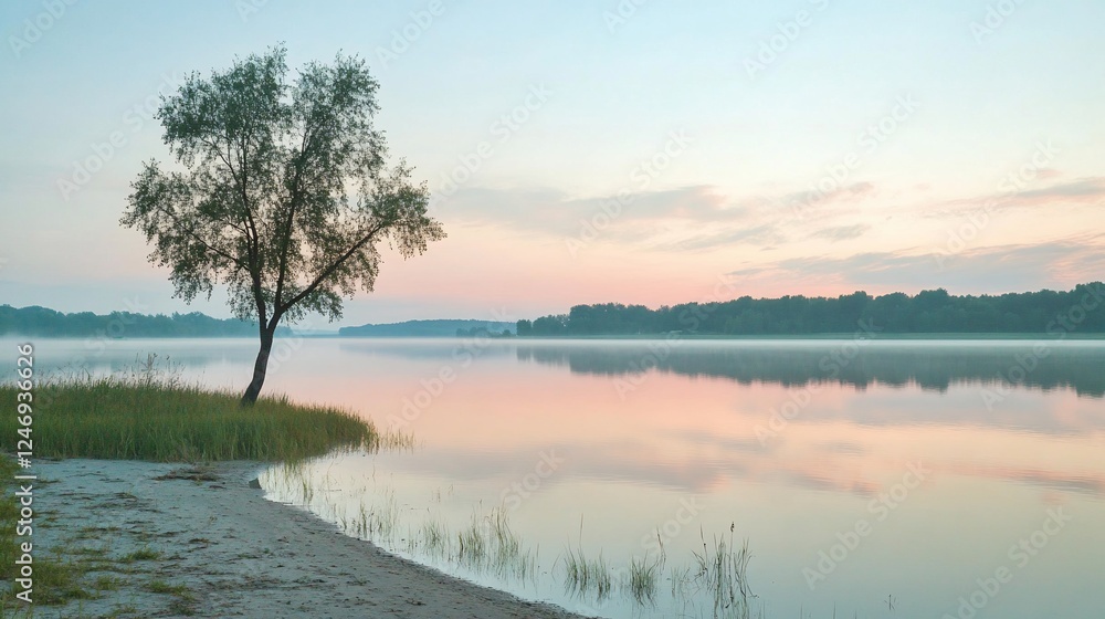 Serene sunrise riverbank tree, misty dawn Serene sunrise riverbank tree, misty dawn