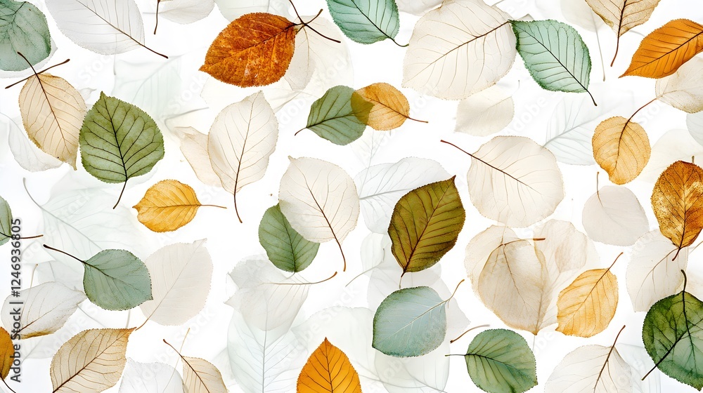 98. A beautiful design of green and dry leaves placed evenly across a white background 98. A beautiful design of green and dry leaves placed evenly across a white background