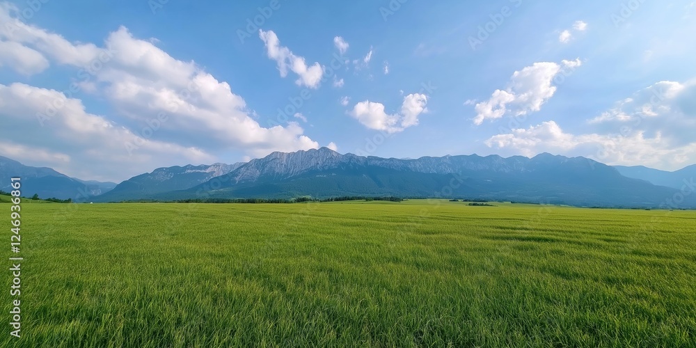 A large, open field with a clear blue sky and a few clouds. The sky is bright and sunny, and the field is lush and green. The scene is peaceful and serene A large, open field with a clear blue sky and a few clouds. The sky is bright and sunny, and the field is lush and green. The scene is peaceful and serene