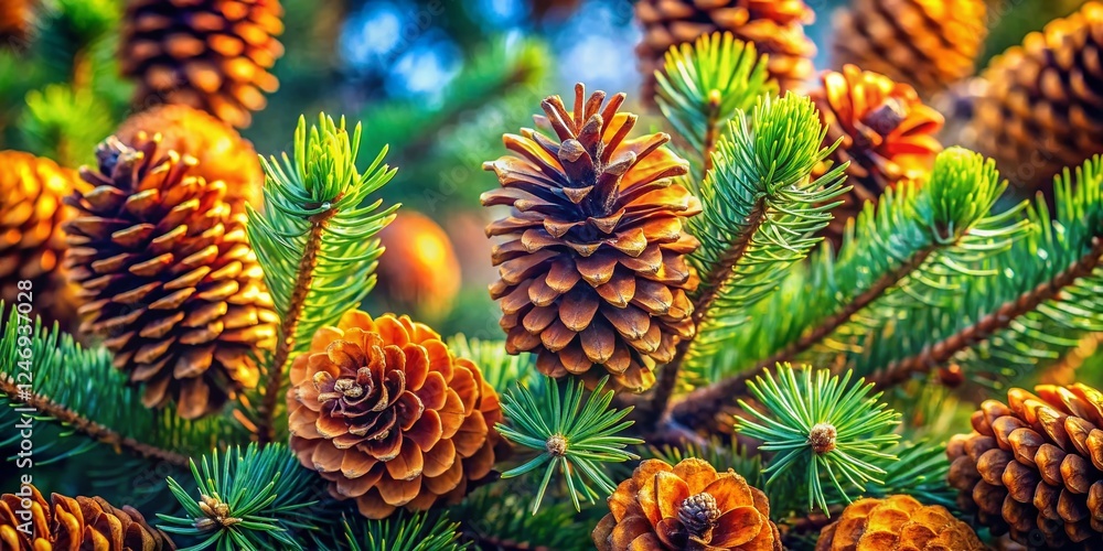 Panoramic View of Pine Cones on Branches, Winter Forest Scene Panoramic View of Pine Cones on Branches, Winter Forest Scene