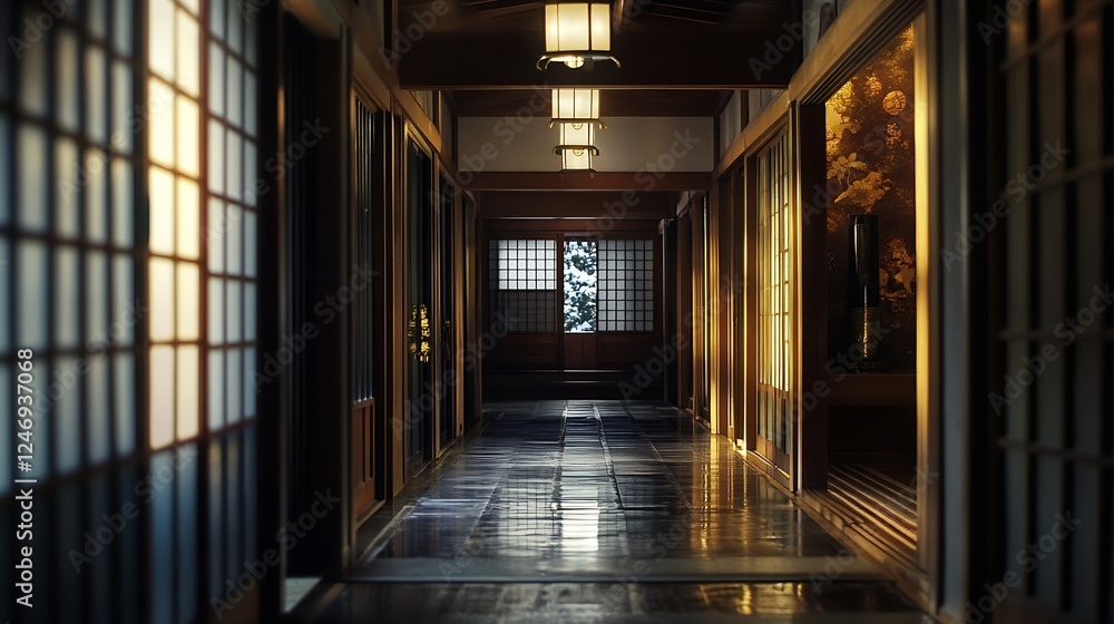 Traditional Japanese interior with shoji screens and warm lighting creating a cozy atmosphere : Generative AI Traditional Japanese interior with shoji screens and warm lighting creating a cozy atmosphere : Generative AI