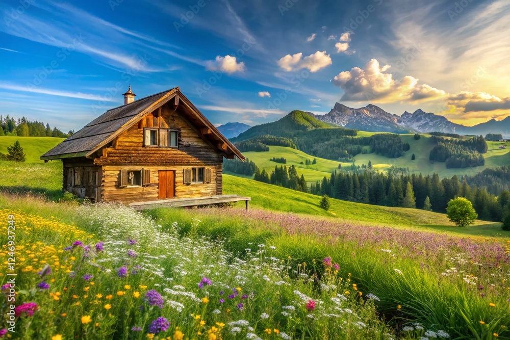 Fototapeta premium Panoramic View of Rustic Wooden House in Sunny Meadow
