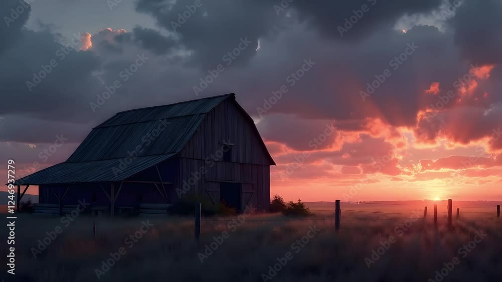 A rustic barn stands in a vast field under a dramatic sunset with clouds illuminated in warm hues creating a serene and picturesque countryside scene A rustic barn stands in a vast field under a dramatic sunset with clouds illuminated in warm hues creating a serene and picturesque countryside scene