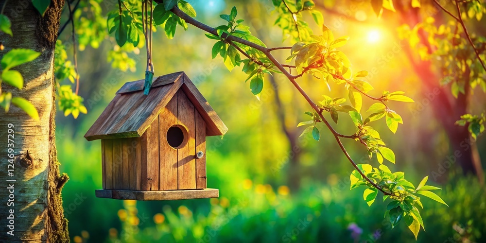 Panoramic View of Rustic Wooden Birdhouse in Lush Garden Panoramic View of Rustic Wooden Birdhouse in Lush Garden