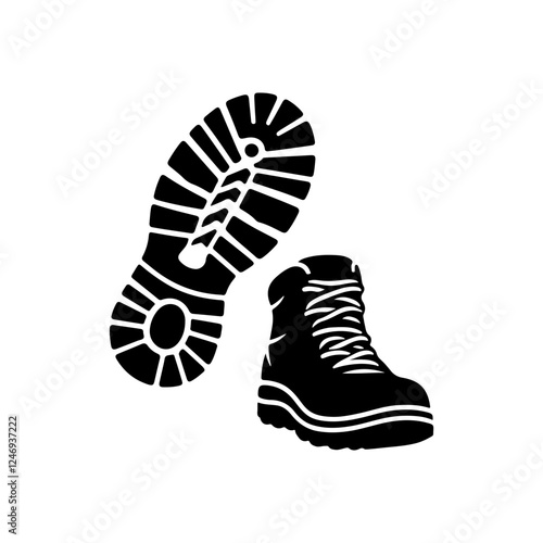 Hiking shoes with print icon silhouette vector flat illustration design on white background.