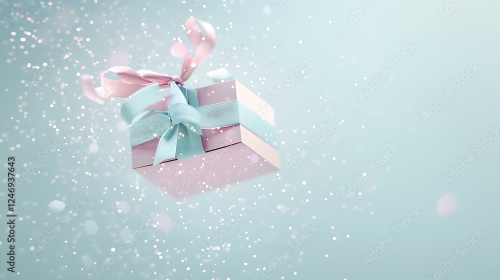 Fototapeta premium A minimalist open gift box in pastel colors, floating slightly above a white background with soft lighting and delicate sparkles