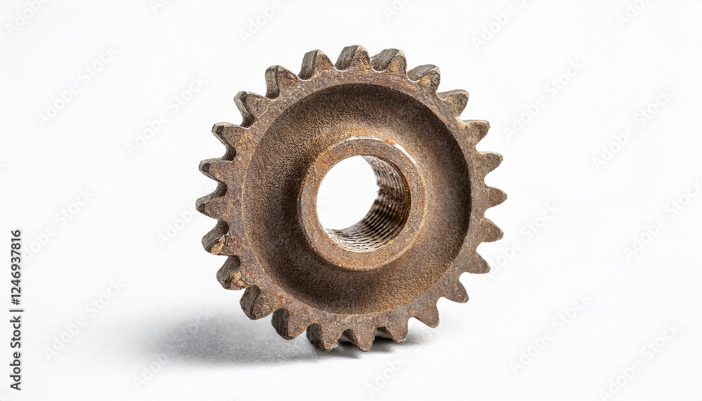 Aged industrial gear wheel with a rough texture. Vintage metal cog. Isolated on white backdrop. Aged industrial gear wheel with a rough texture. Vintage metal cog. Isolated on white backdrop.