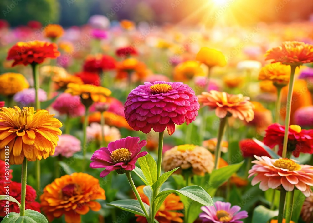 Panoramic View of Vibrant Zinnia Flowers in a Summer Garden Panoramic View of Vibrant Zinnia Flowers in a Summer Garden