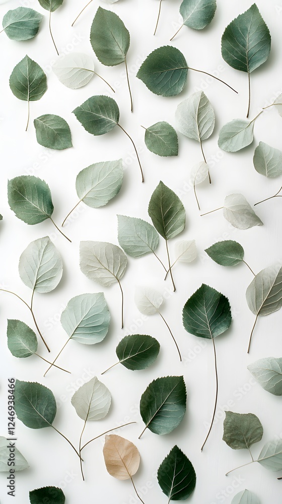 10. A delicate pattern of green and dry leaves arranged artistically on white 10. A delicate pattern of green and dry leaves arranged artistically on white