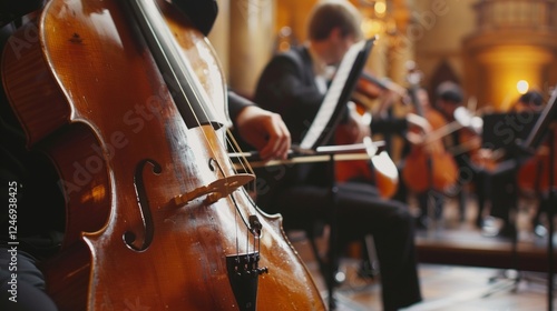 A photograph of several violins in the hands of musicians. Suitable for discussions of orchestral music, music rehearsals, concert performances. photo