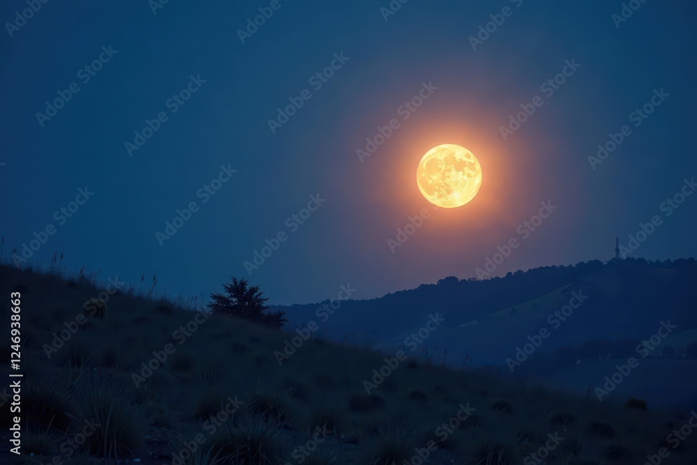 Obraz premium Softly glowing moonlit landscape with gradual transition from light blue to silver hue, peaceful evening, dark landscape, twilight ambiance