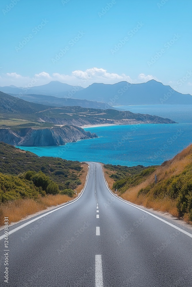 Endless road stretches towards vibrant turquoise sea, flanked by lush greenery and rugged cliffs, under a clear blue sky. Mountains in the distance add depth to the breathtaking landscape Endless road stretches towards vibrant turquoise sea, flanked by lush greenery and rugged cliffs, under a clear blue sky. Mountains in the distance add depth to the breathtaking landscape