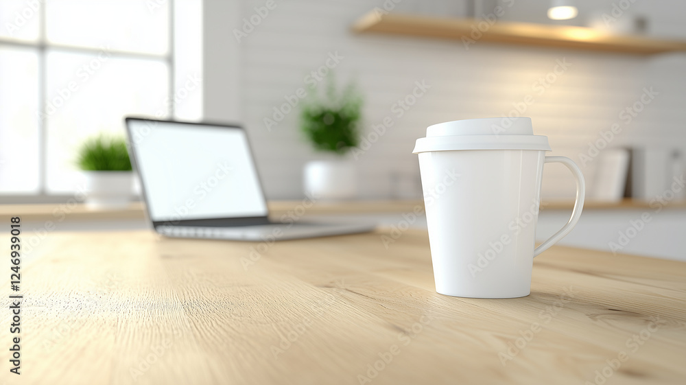 white coffee cup sits on wooden table next to laptop in bright, modern kitchen. scene conveys sense of calm and productivity white coffee cup sits on wooden table next to laptop in bright, modern kitchen. scene conveys sense of calm and productivity