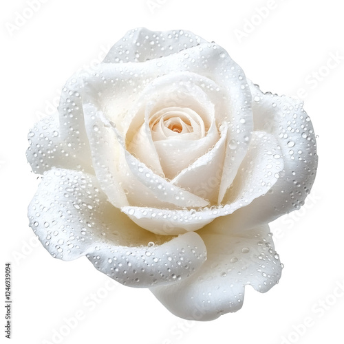 A white rose with water droplets on transparent background