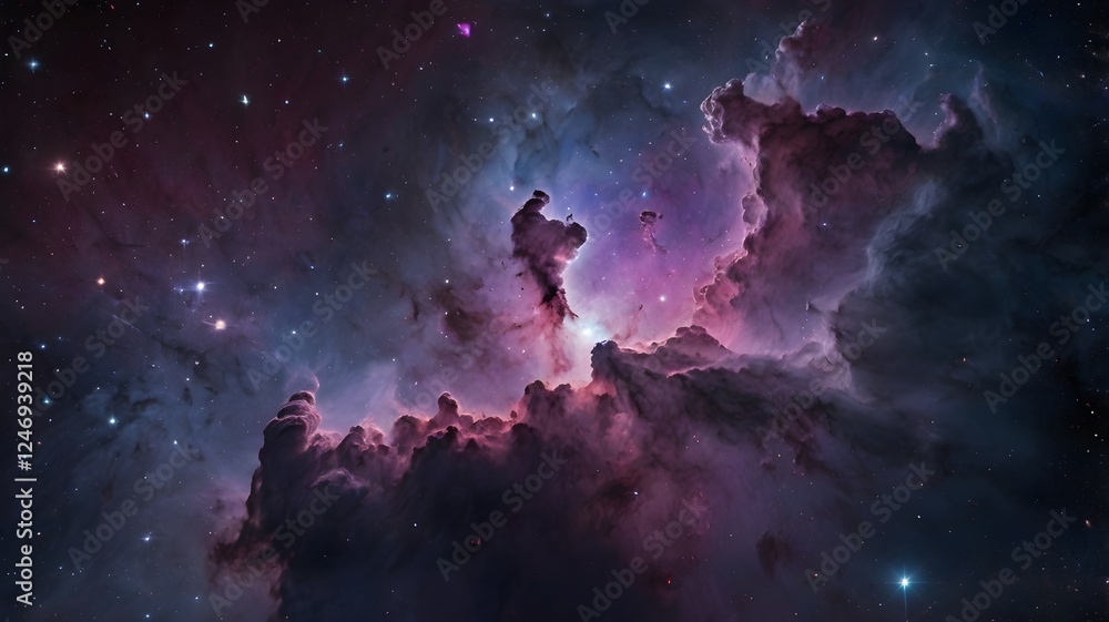Fototapeta premium A vast, colorful nebula with swirling purple and pink cosmic clouds, glowing stars, and asteroids drifting in the deep void of space