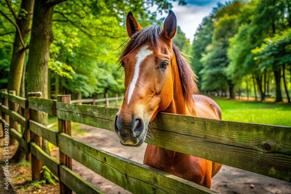 Fototapeta premium Panoramic Zoo Horse Peeking Through Fence - Wildlife Animal Photography