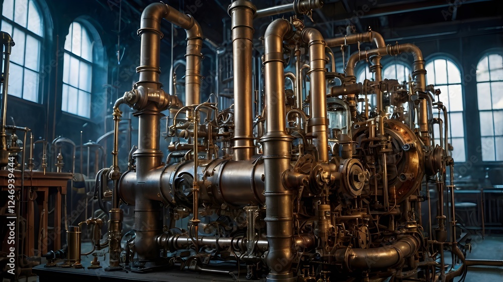A complex steampunk contraption with brass gears, steam vents, glowing blue energy cores, and intricate pipes set in a Victorian-era laboratory A complex steampunk contraption with brass gears, steam vents, glowing blue energy cores, and intricate pipes set in a Victorian-era laboratory