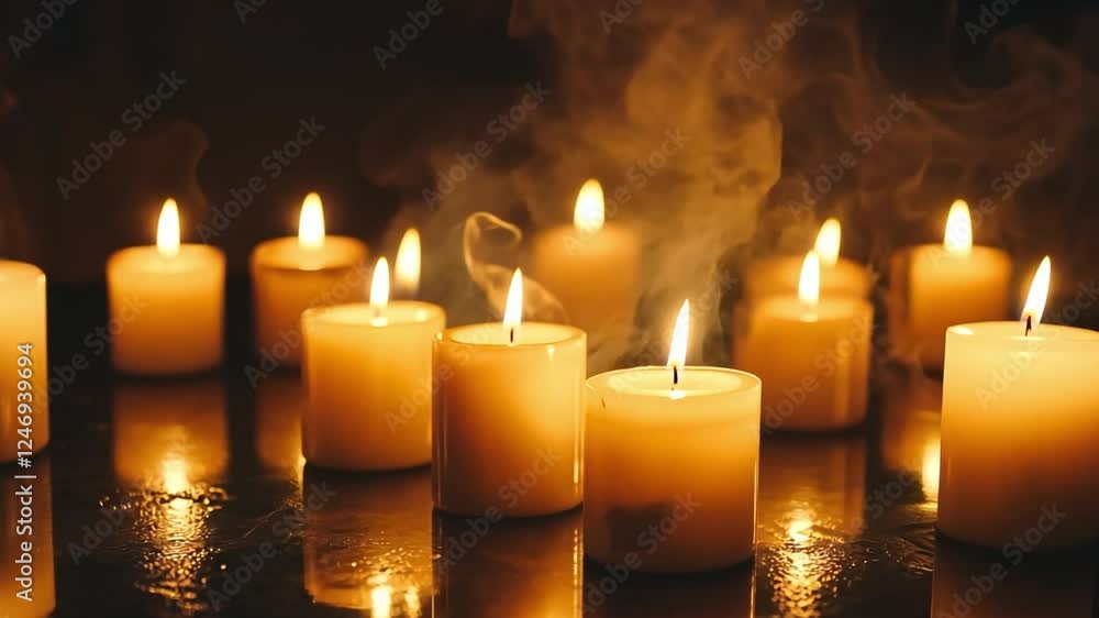 Candles of Remembrance: A collection of softly glowing candles creates a serene and contemplative atmosphere, their warm light casting reflections on a dark surface. Candles of Remembrance: A collection of softly glowing candles creates a serene and contemplative atmosphere, their warm light casting reflections on a dark surface.