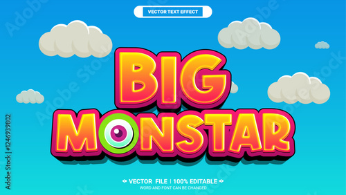 Big monster with evil eye doodle cartoon style 3d editable vector text effect 