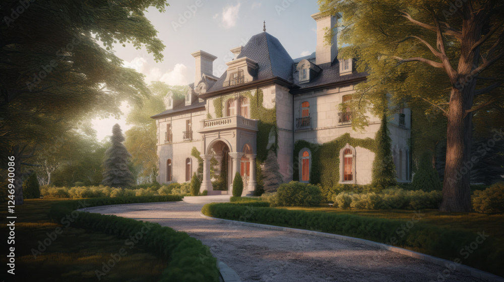 Fototapeta premium A classic European-style manor with white stone walls, arched windows