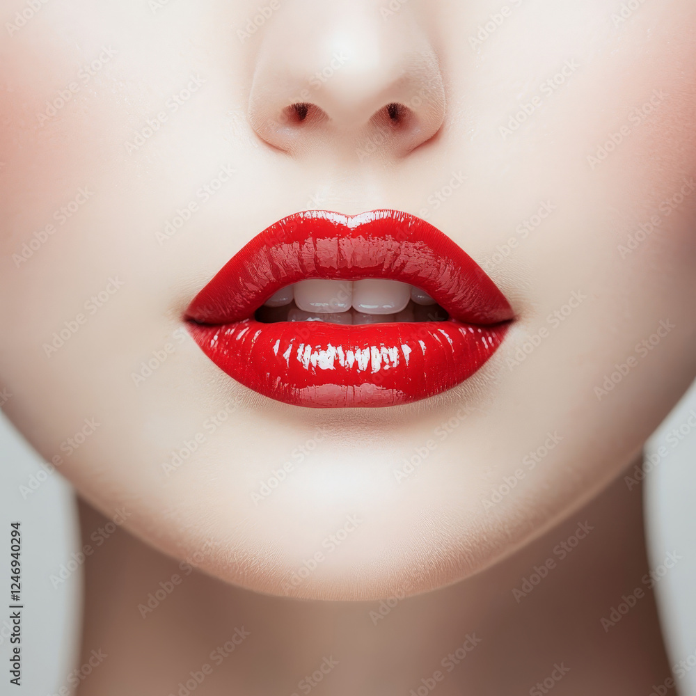 Close up of glossy red lips with precise makeup on a fair complexion Close up of glossy red lips with precise makeup on a fair complexion