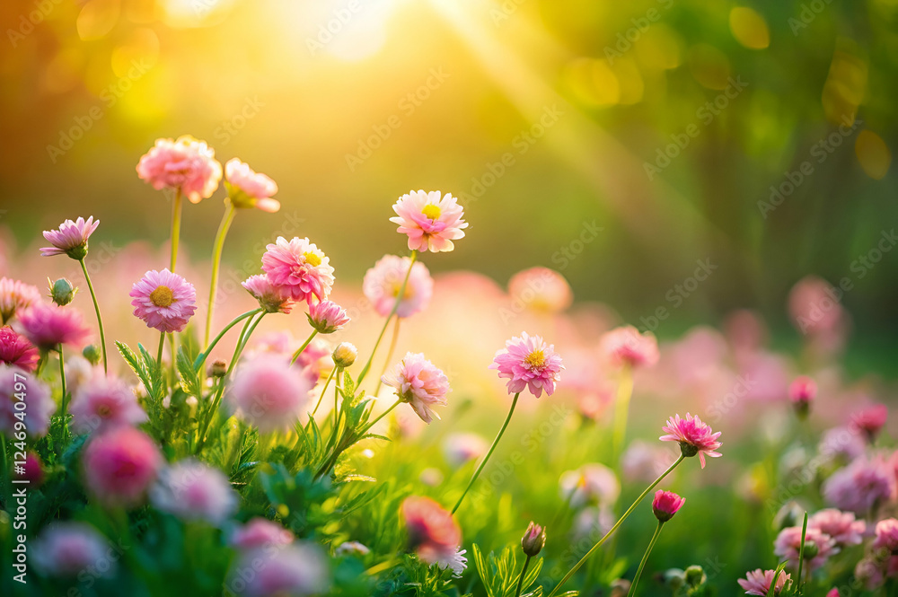 Fototapeta premium A vibrant field of pink flowers blooms under warm sunlight, creating a serene and cheerful atmosphere.