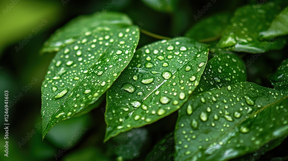 Lush Green Leaves Covered In Dew Drops Lush Green Leaves Covered In Dew Drops