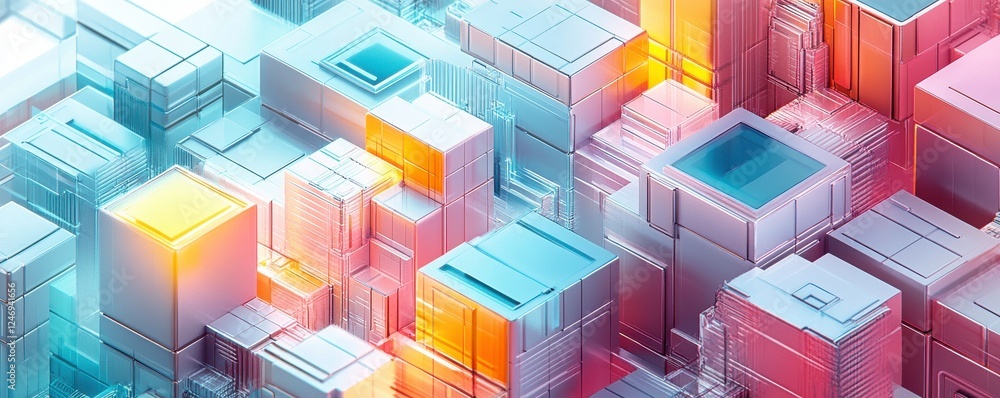 A vibrant, abstract composition of geometric shapes and blocks illuminated with gradients of blue, pink, and orange hues. A vibrant, abstract composition of geometric shapes and blocks illuminated with gradients of blue, pink, and orange hues.