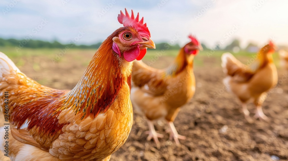Fototapeta premium Three beautiful hens on a farm in golden hour light Free range chickens in a rural setting