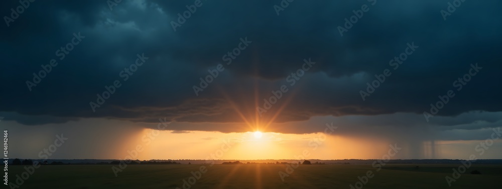 Dramatic sunset with dark clouds and sun rays over open field landscape Dramatic sunset with dark clouds and sun rays over open field landscape