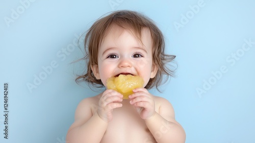 Happy baby eating applesauce, blue background, healthy food photo